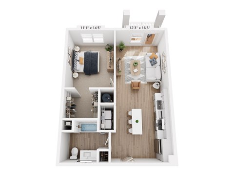 Floor plan for 1 bed, 1 bath, 738 sqft